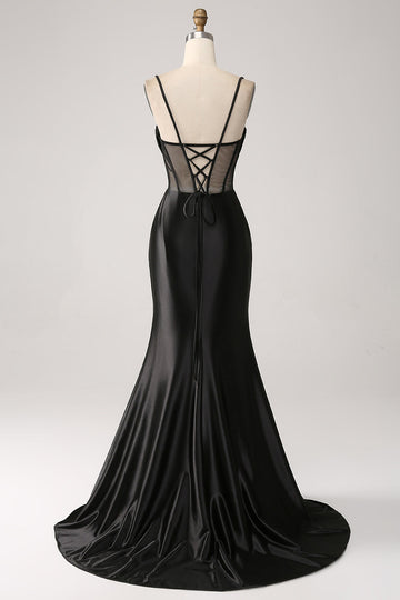 Mermaid Sweetheart Black Satin Long Ball Dress With Beading